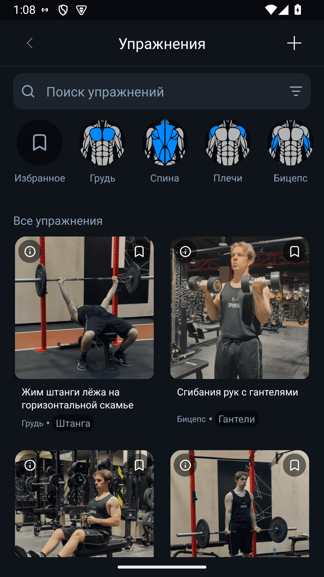 Библиотека упражнений Sportal с поиском, мышцами и техникой